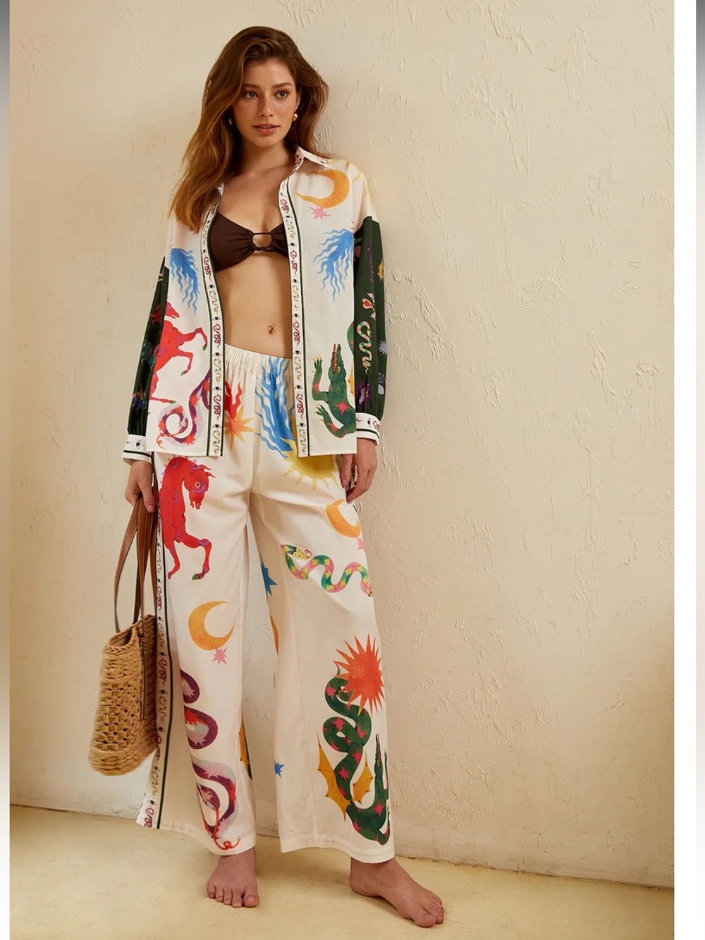 Commense Cream Wide-Leg Pants and Shirt with Multicolor Celestial Print Set